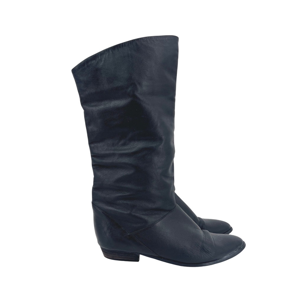 Vintage 80s Black Leather Slouchy Pointed Toe Mid-Calf Boots 8.5M Rave Reviews